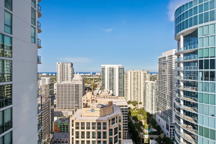 Expansive urban panorama featuring a mix of high-rise structures, a distant water body, and a blue sky