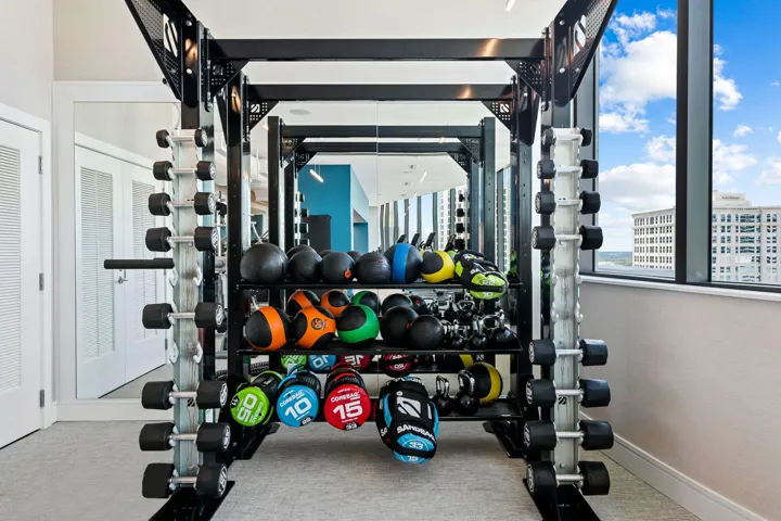Fitness center featuring a comprehensive weight rack system with dumbbells and medicine balls
