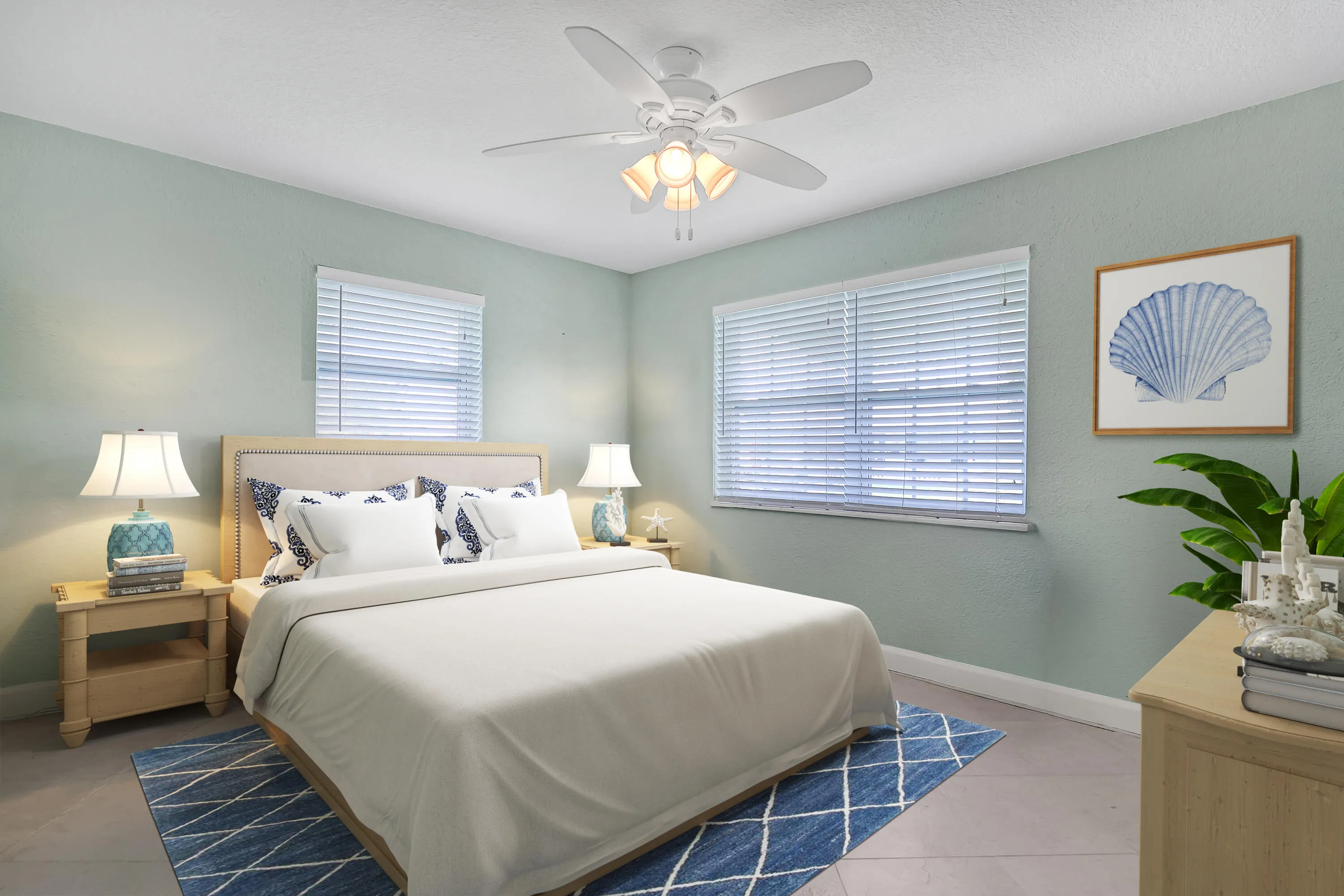 Guest Bedroom virtually staged with lots of natural light. Neutral tile plus overhead ceiling fan with light.