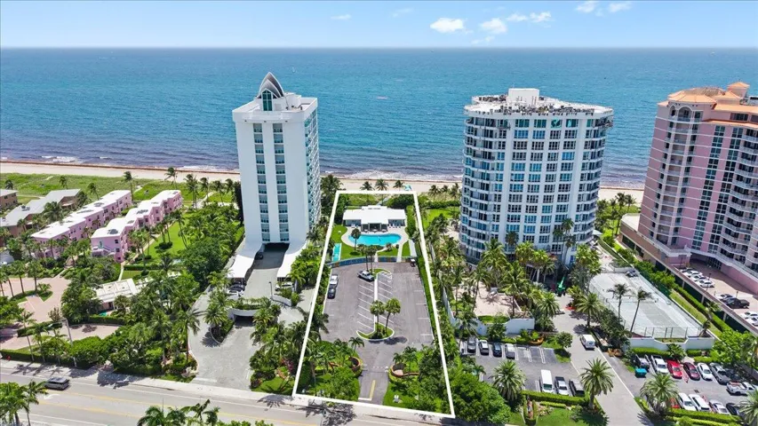Aerial perspective showcasing a property parcel with direct beach access