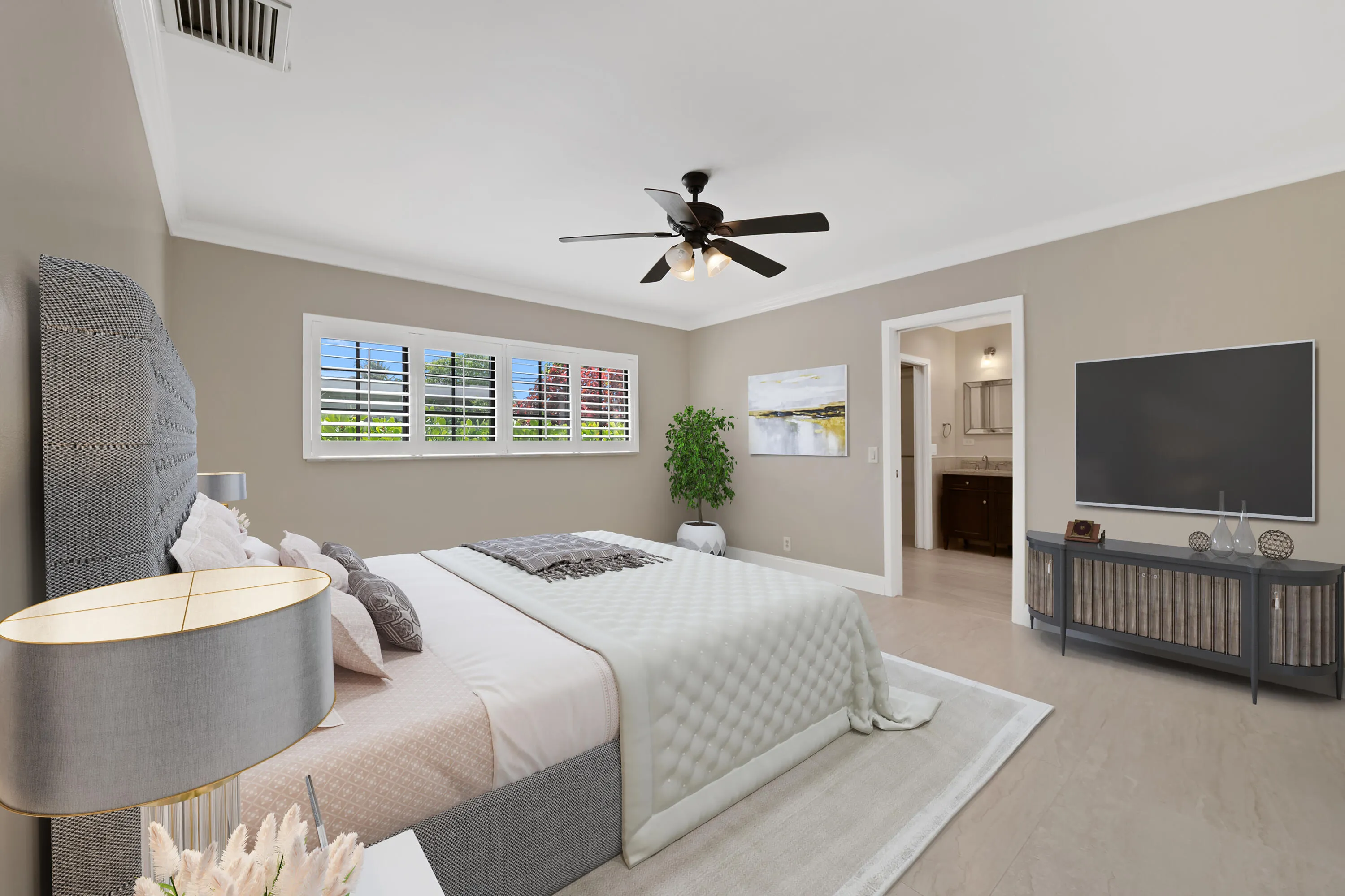 Bedroom featuring crown molding, neutral wall tones, a ceiling fan with integrated lighting, wood-finish flooring, and plantation shutters