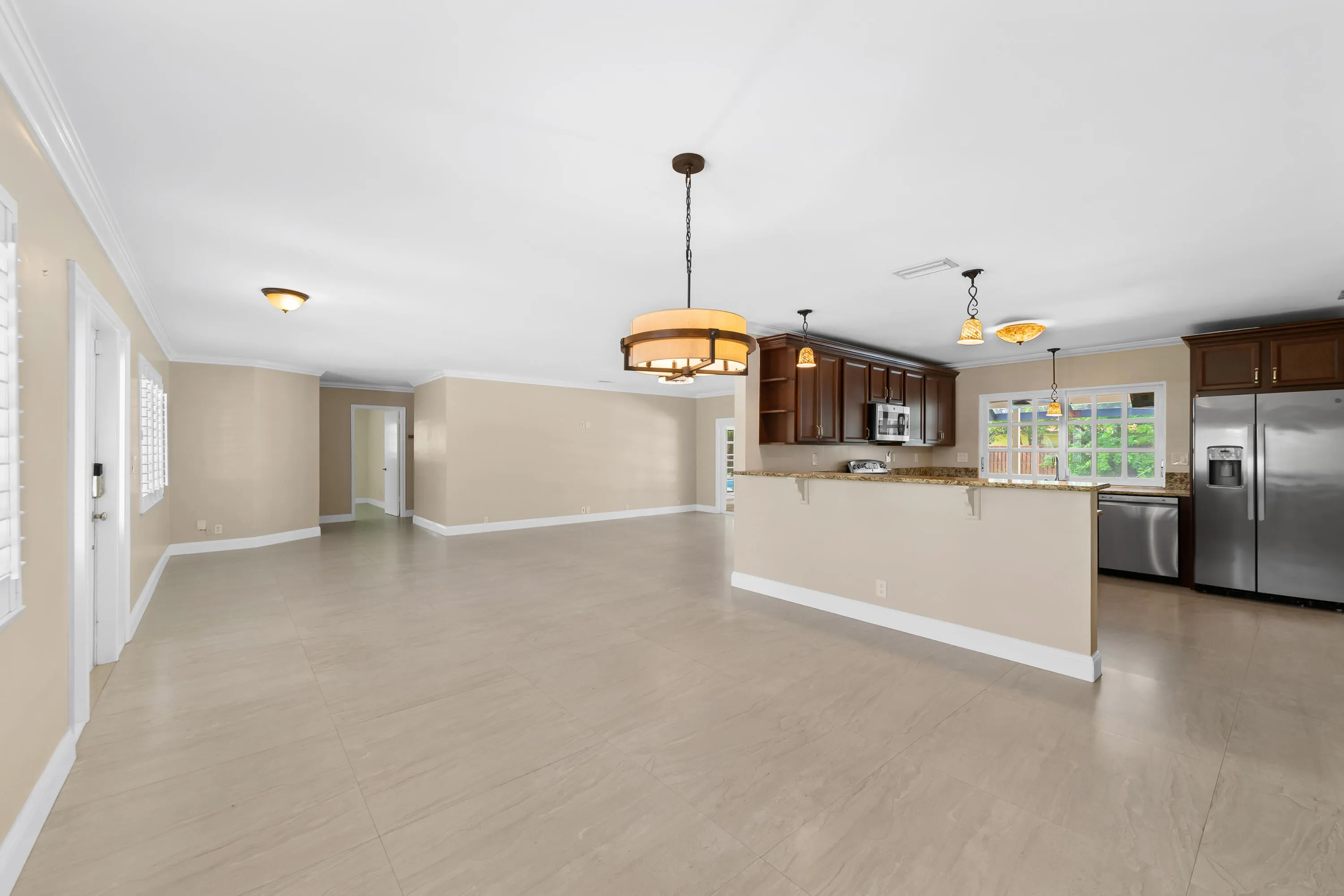 Expansive open-concept living area.