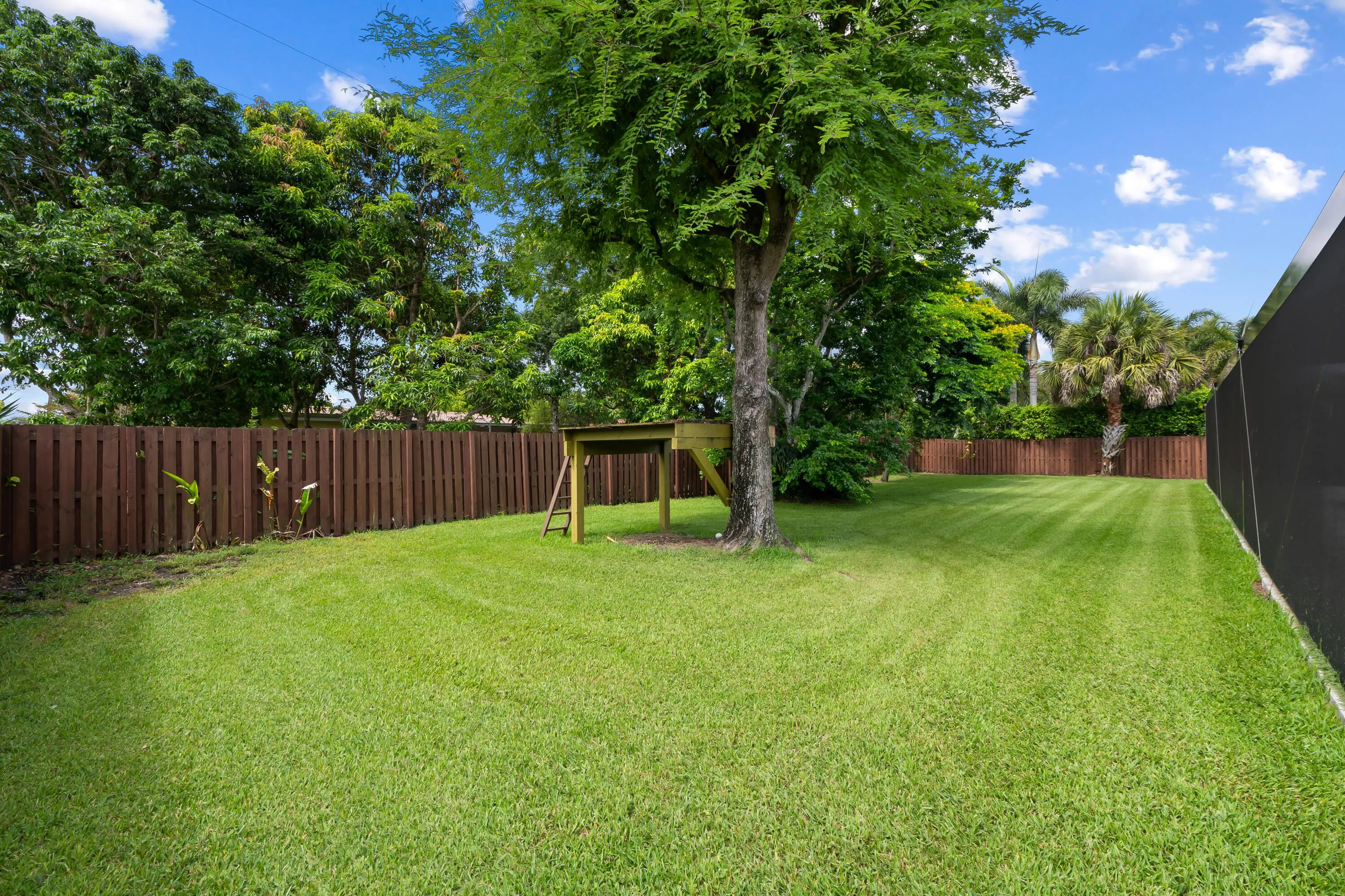Spacious green lawn featuring a large mature tree and full perimeter fencing.
