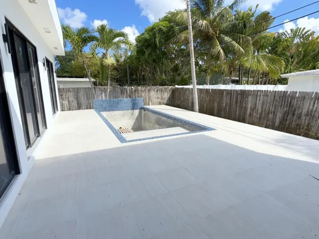 Pool with sheer water descent and sun shelf. A new fence and clusia hedge will be installed for privacy.