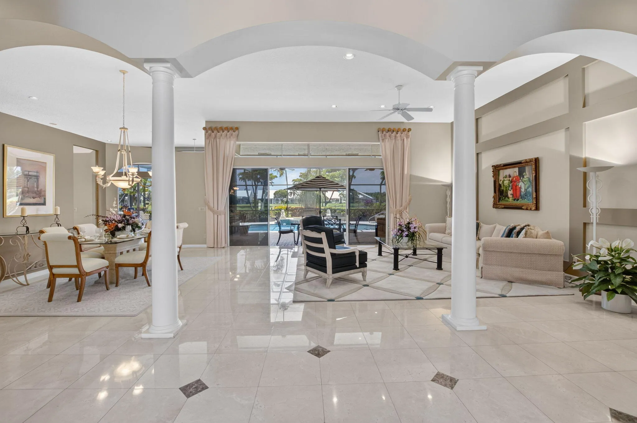 great room with Marble floors
