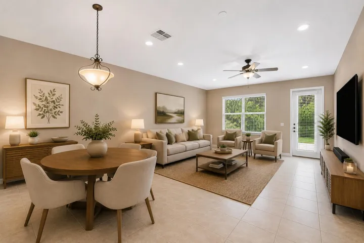 Spacious room with light-toned tiled flooring, a white ceiling with recessed lighting, and a ceiling fan