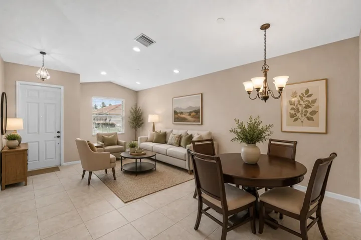 Spacious open-concept room featuring neutral paint, tile flooring, recessed lighting, and a vaulted ceiling