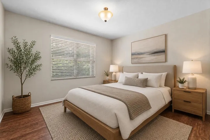 Spacious room featuring luxury vinyl flooring, light grey walls, white baseboards, a window with horizontal blinds, and a ceiling-mounted light fixture