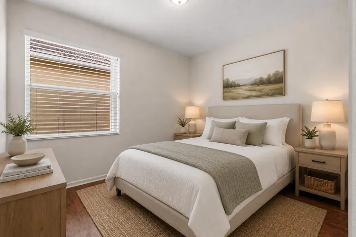 Spacious room featuring luxury vinyl flooring, light grey walls, white baseboards, a window with horizontal blinds, and a ceiling-mounted light fixture