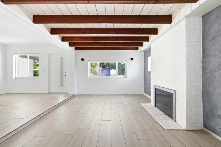 Vaulted ceiling with exposed wood beams