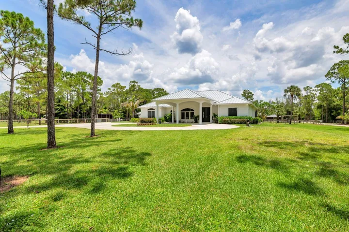 Expansive green lawn with mature pine trees framing a single-story residence