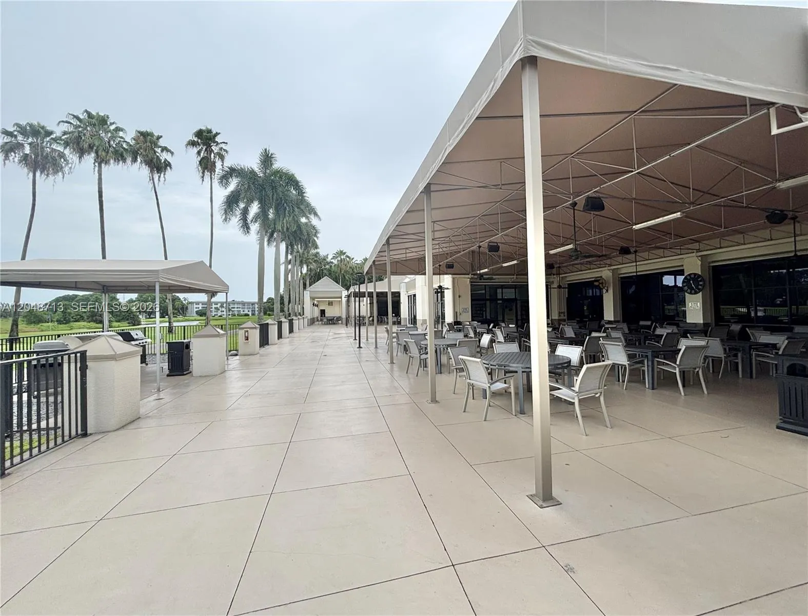 Country club bbq area with golf club view