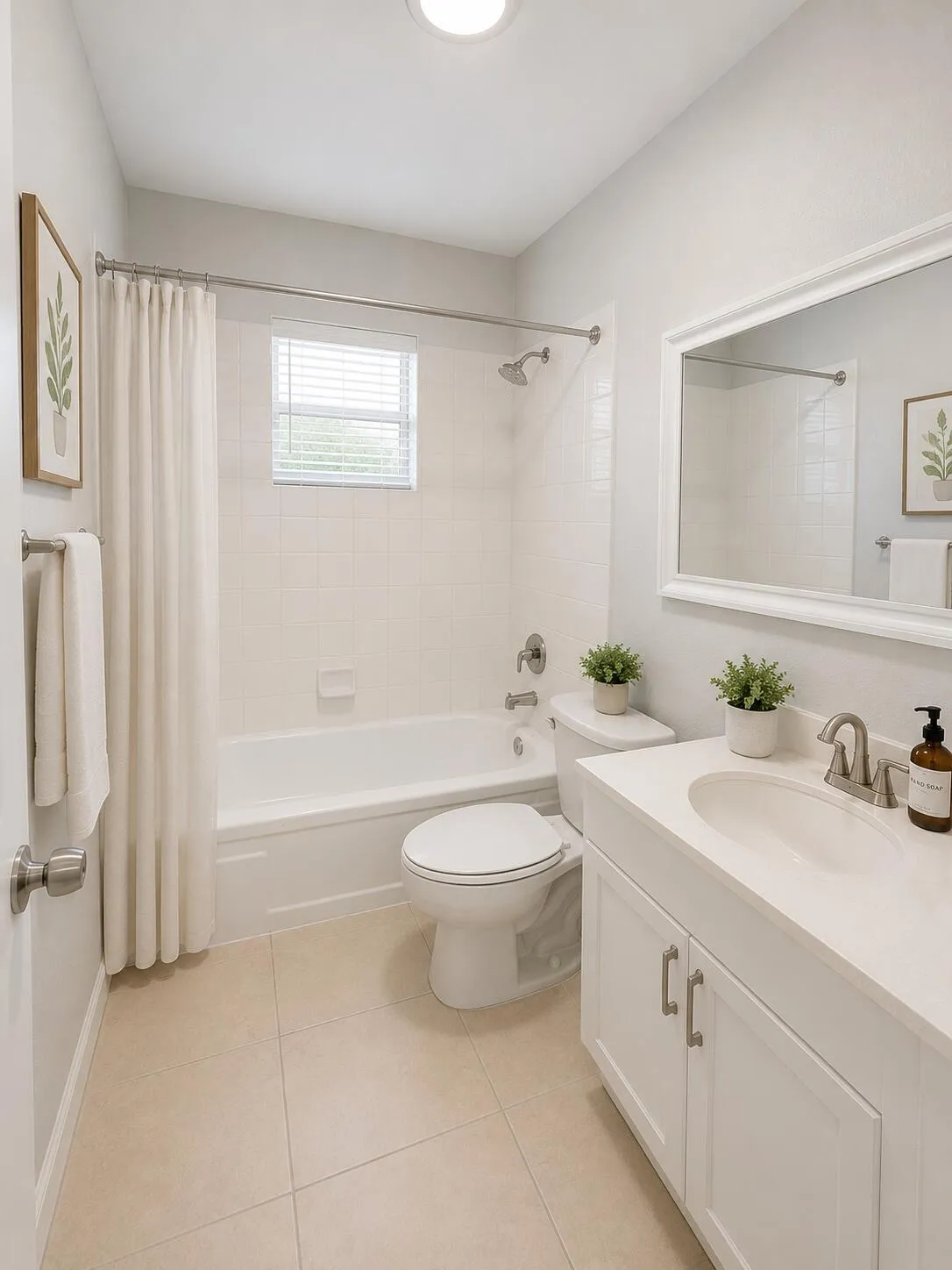 Bathroom featuring a built-in tub with shower, single vanity with a white countertop, recessed lighting, and tile flooring