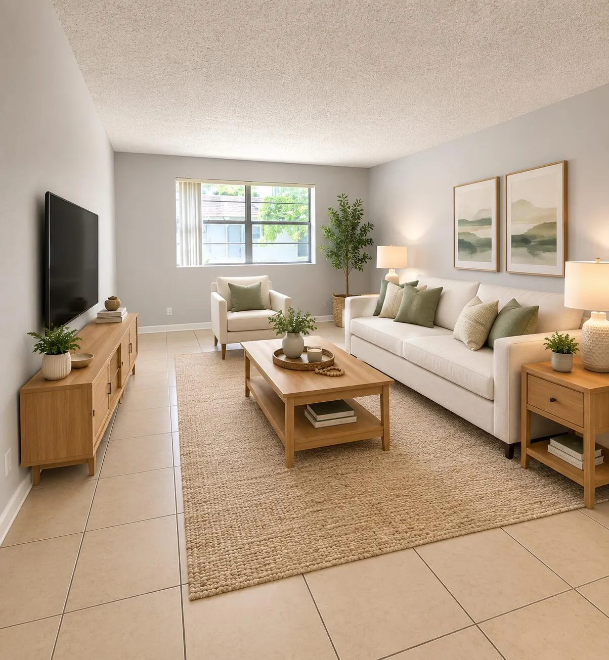Spacious living area featuring light tile flooring and a textured area rug