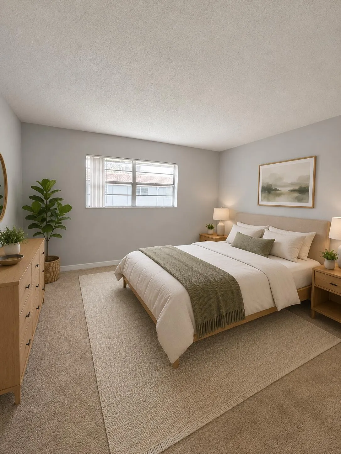 Carpeted bedroom featuring a large window with horizontal blinds, light gray wall paint, and a textured ceiling