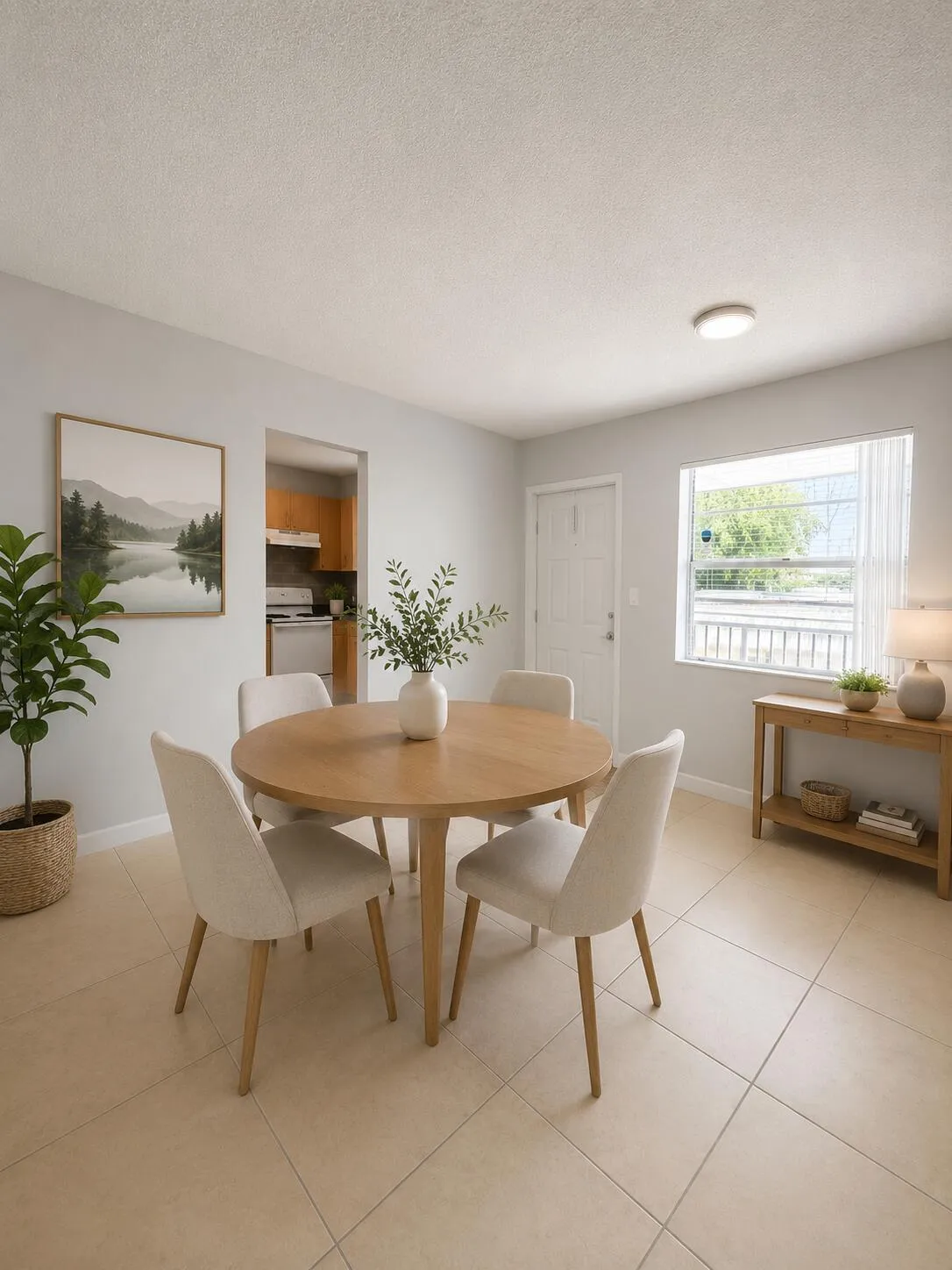 Bright dining area featuring neutral-toned tile flooring, a white paneled door, and a recessed ceiling light