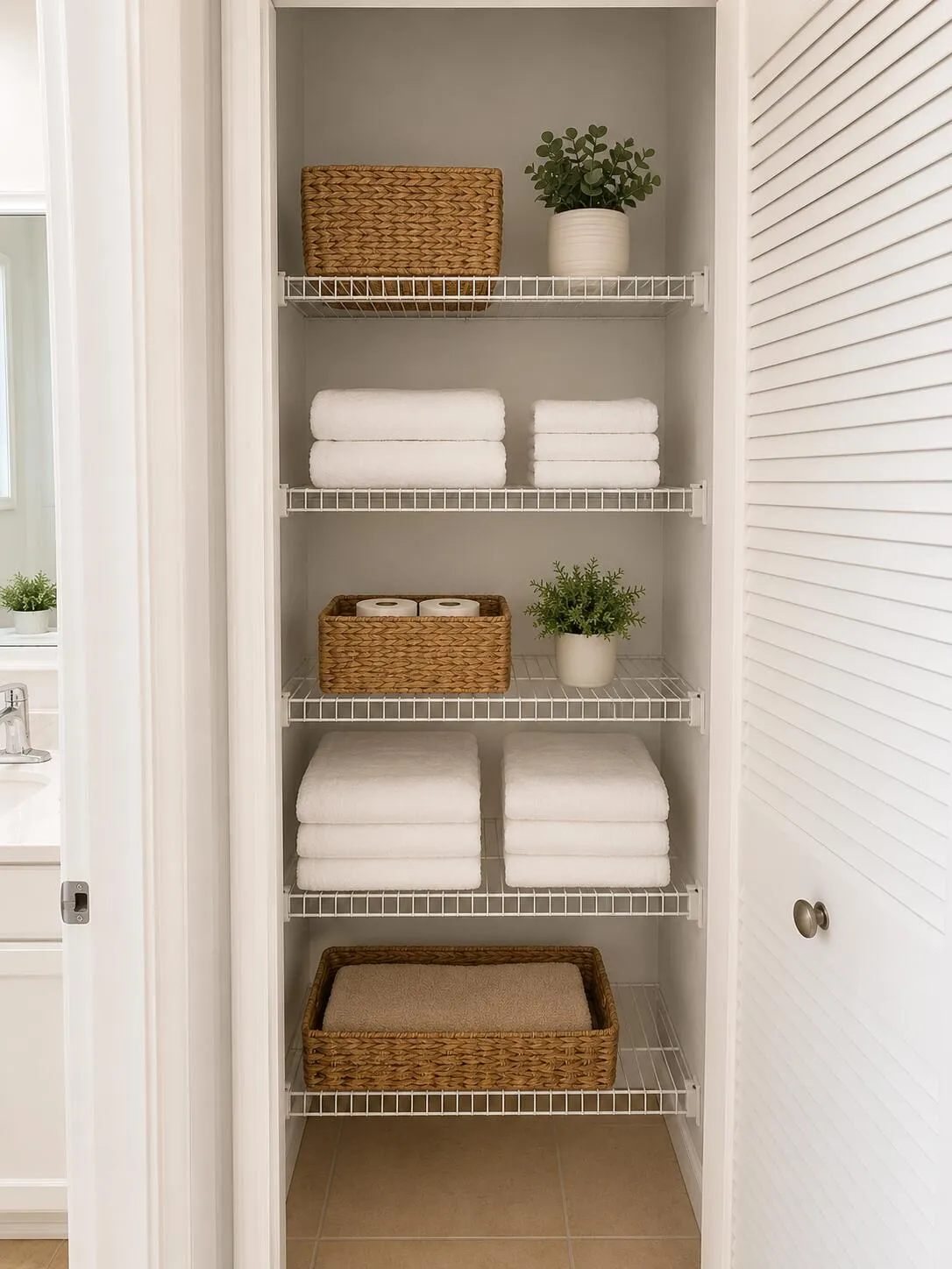 Built-in linen closet featuring wire shelving