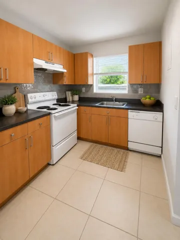 Kitchen with light wood-finish cabinetry, dark countertops, and a full suite of white appliances, including a range and dishwasher