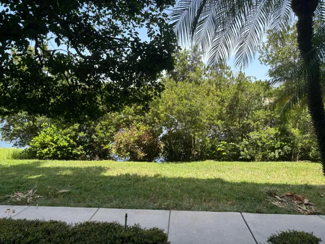 Manicured lawn with a concrete pathway and lush, mature perimeter landscaping