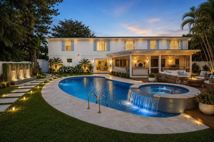 Virtually staged House color upper w/ shutters, Hot Tub, Water Feature, Landscape & Lighting