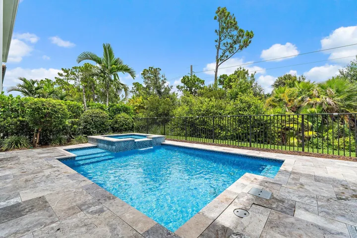 Backyard pool and spa with paver deck and mature privacy landscaping