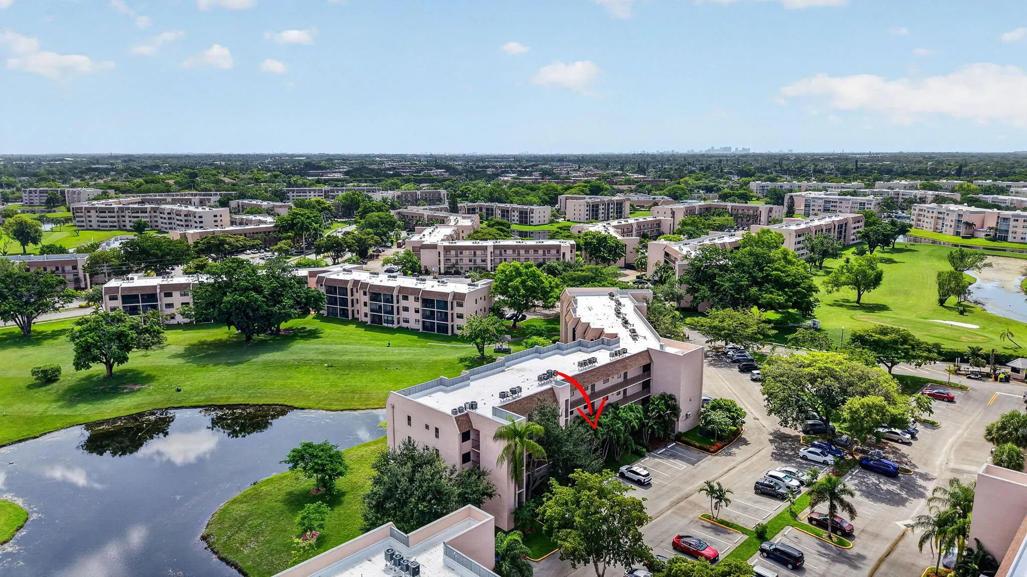 Aerial perspective showcasing a multi-story residential building
