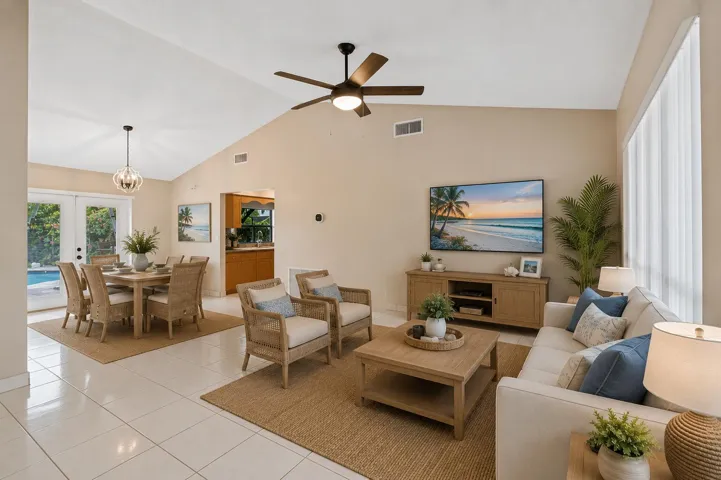 Virtually staged living and dining room