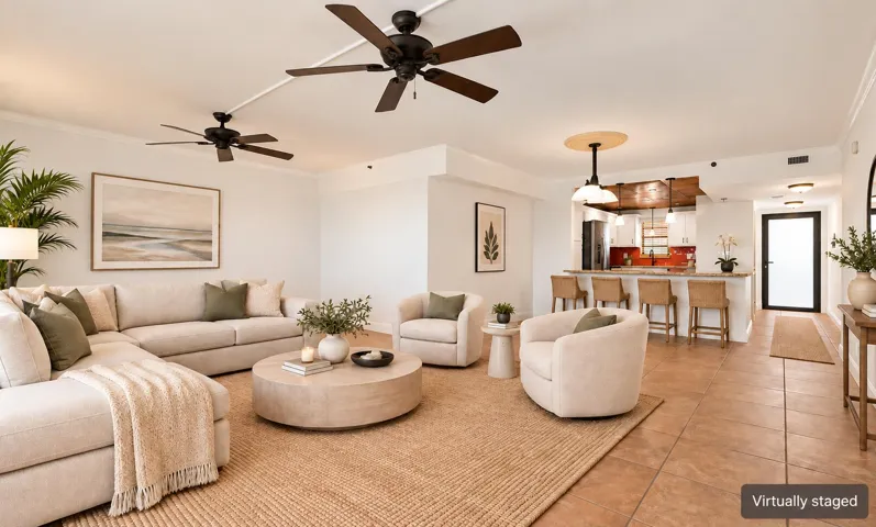 Bright Coastal Living Room and Kitchen