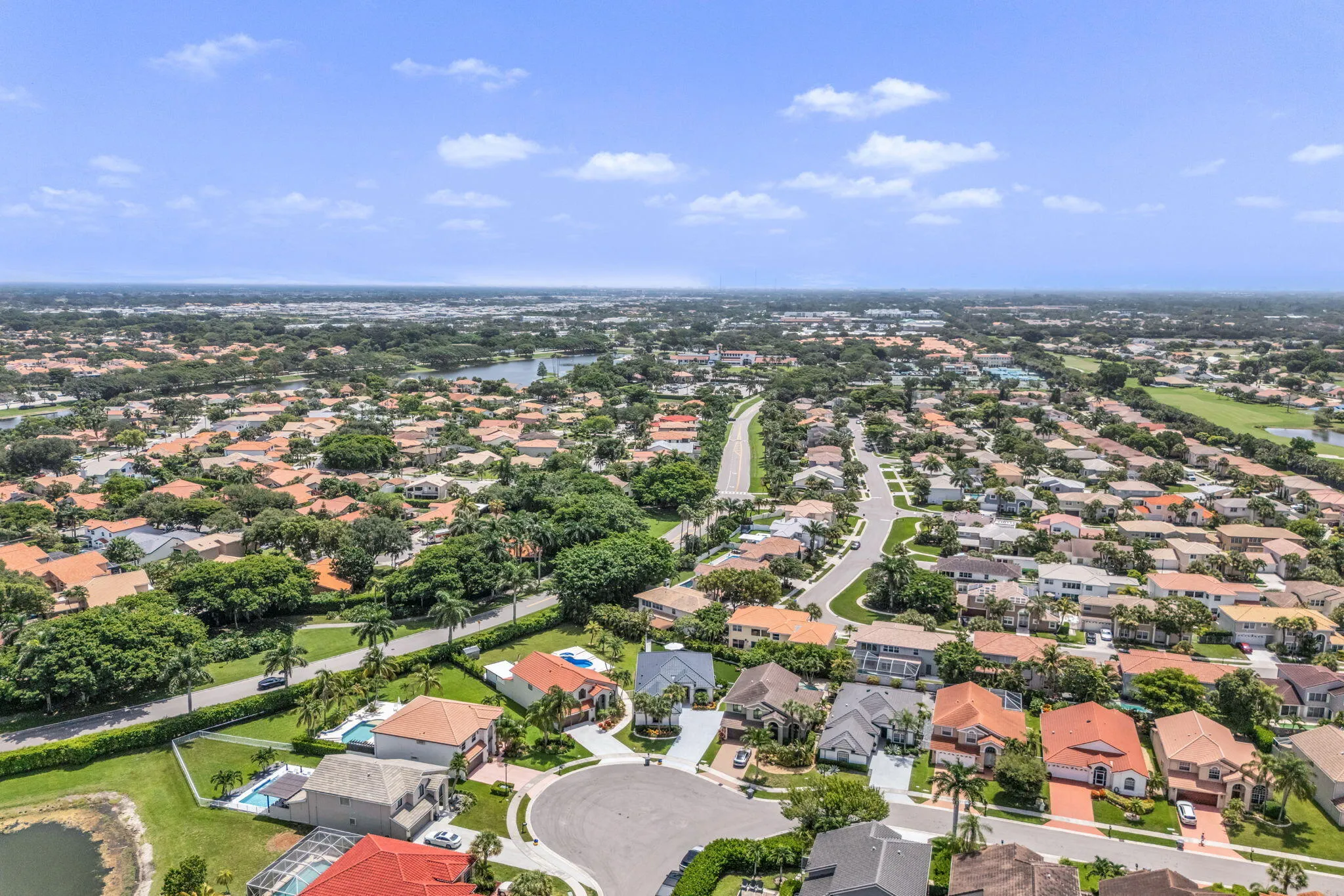 Aerial perspective showcasing a residential area with varied rooflines and extensive tree cover