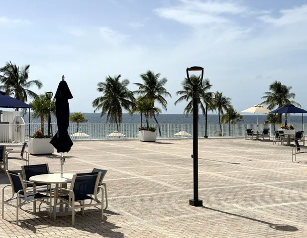 Expansive outdoor patio featuring paver flooring, perimeter fencing, and mature palm trees
