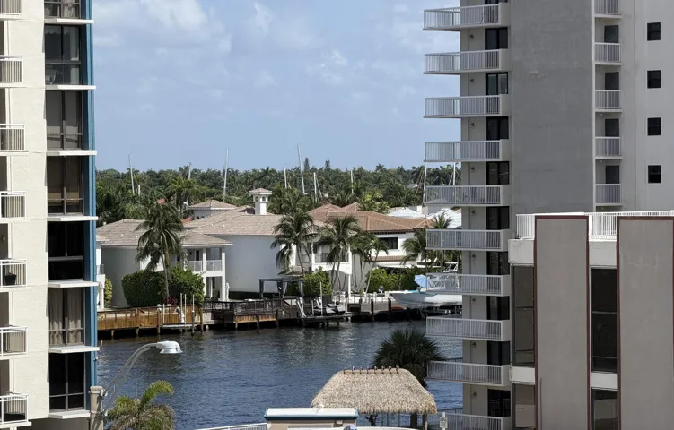 Waterfront residential architecture featuring private docks, mature palm trees, and balconies