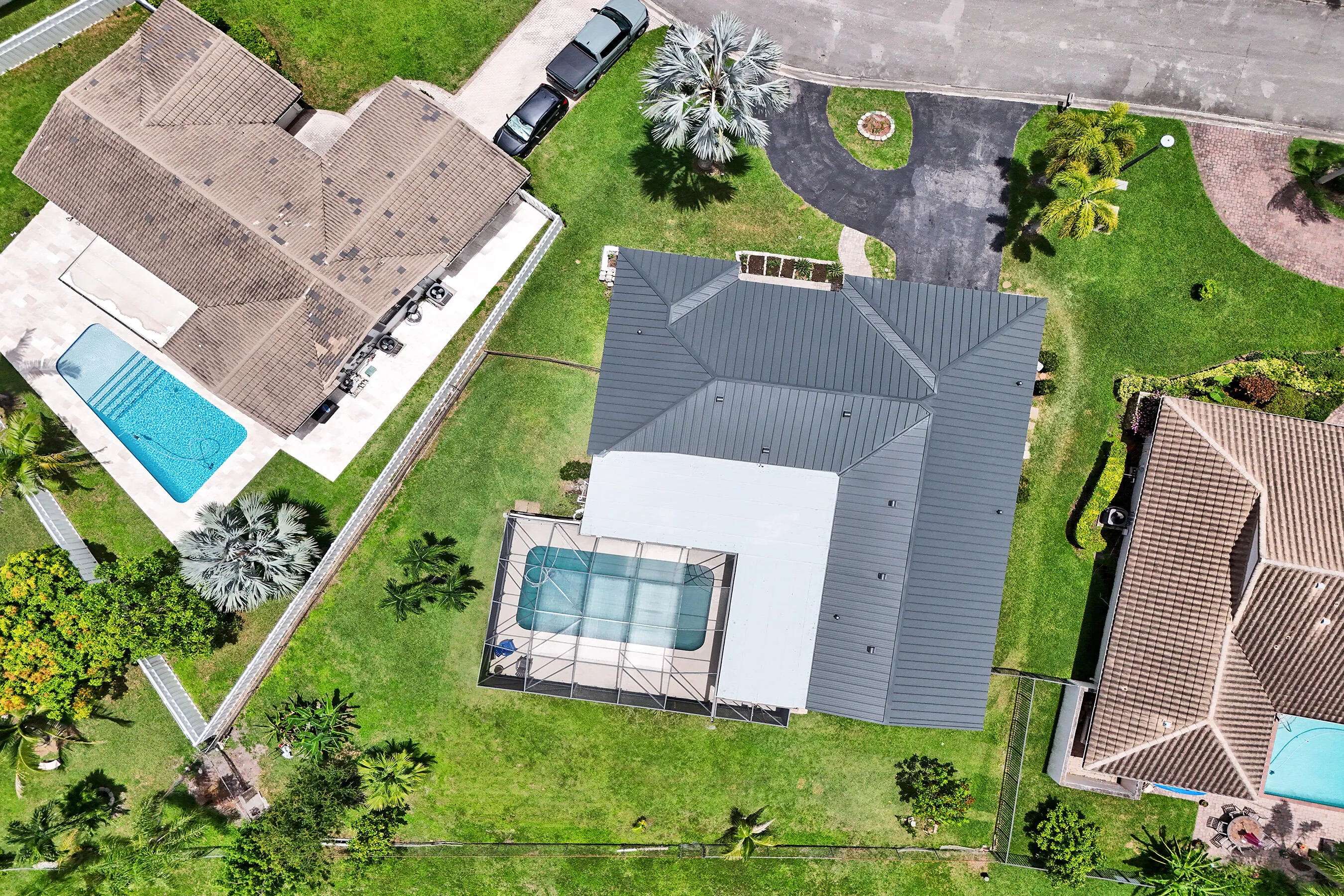 Property featuring a modern gray metal roof, a screened-in swimming pool, mature palm trees, and lush green landscaping