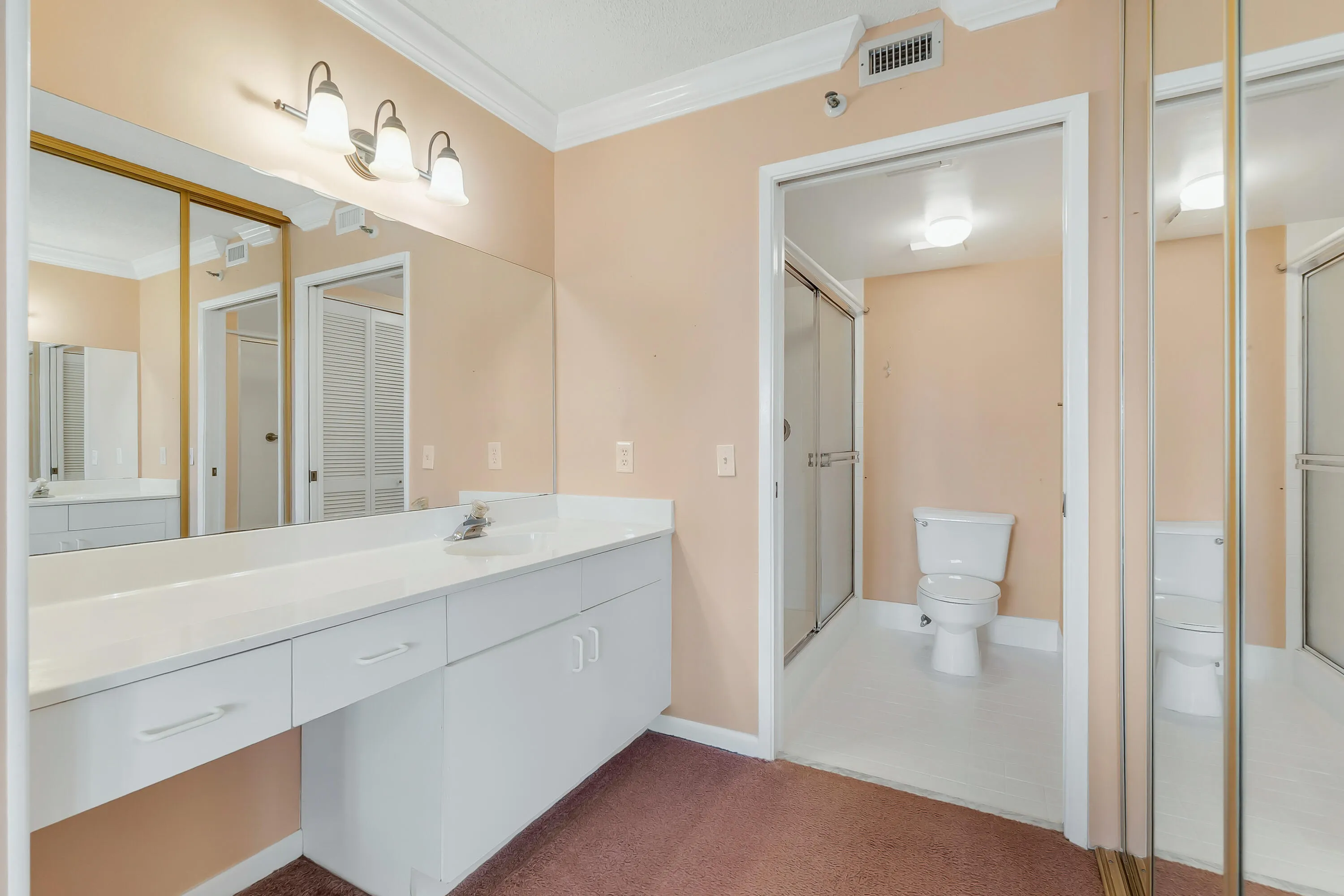 Vanity area featuring a long countertop, integrated sink, and white cabinetry with drawer storage.