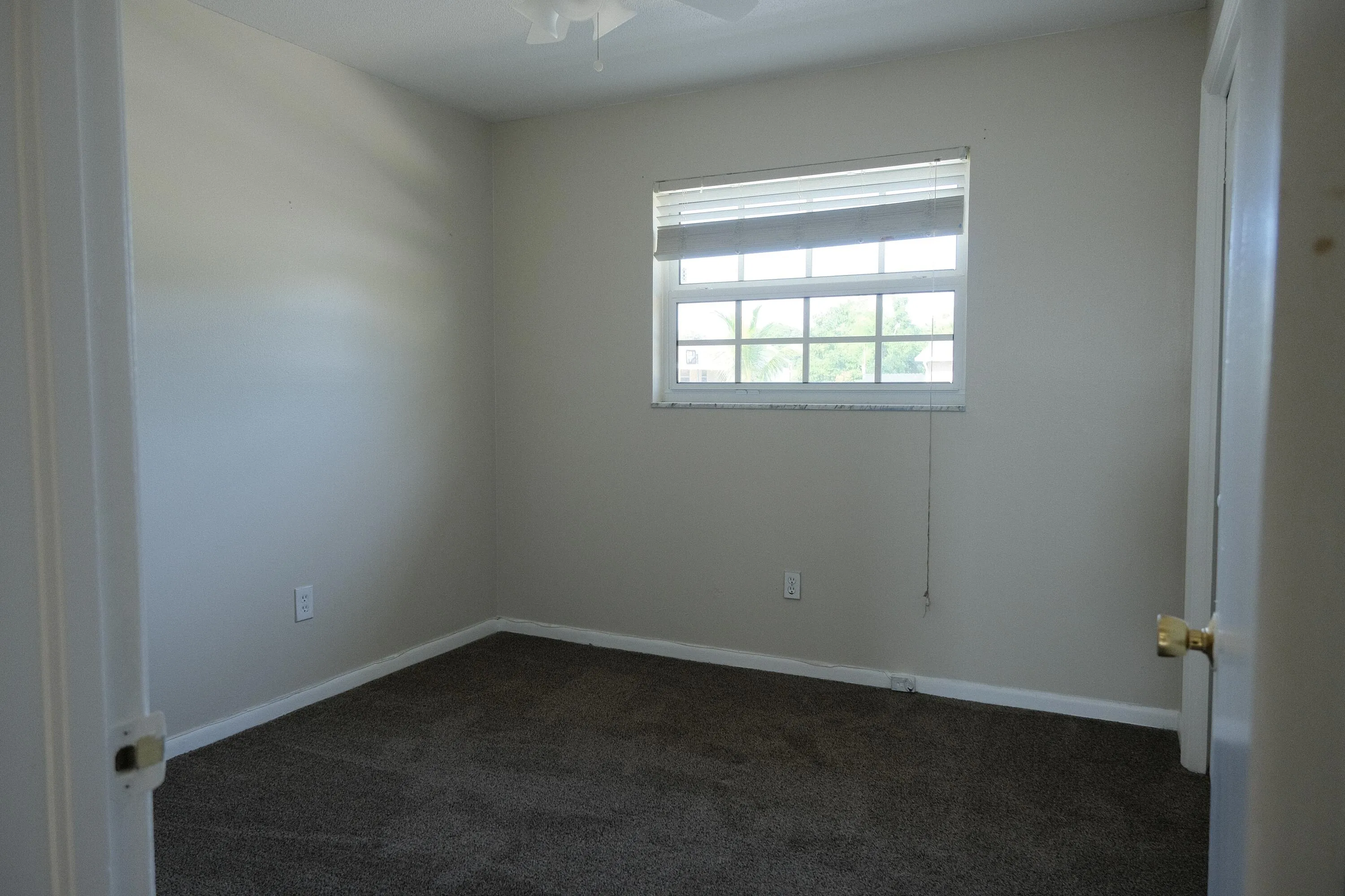 Carpeted interior room featuring light neutral wall tones, white trim, and a window with horizontal blinds