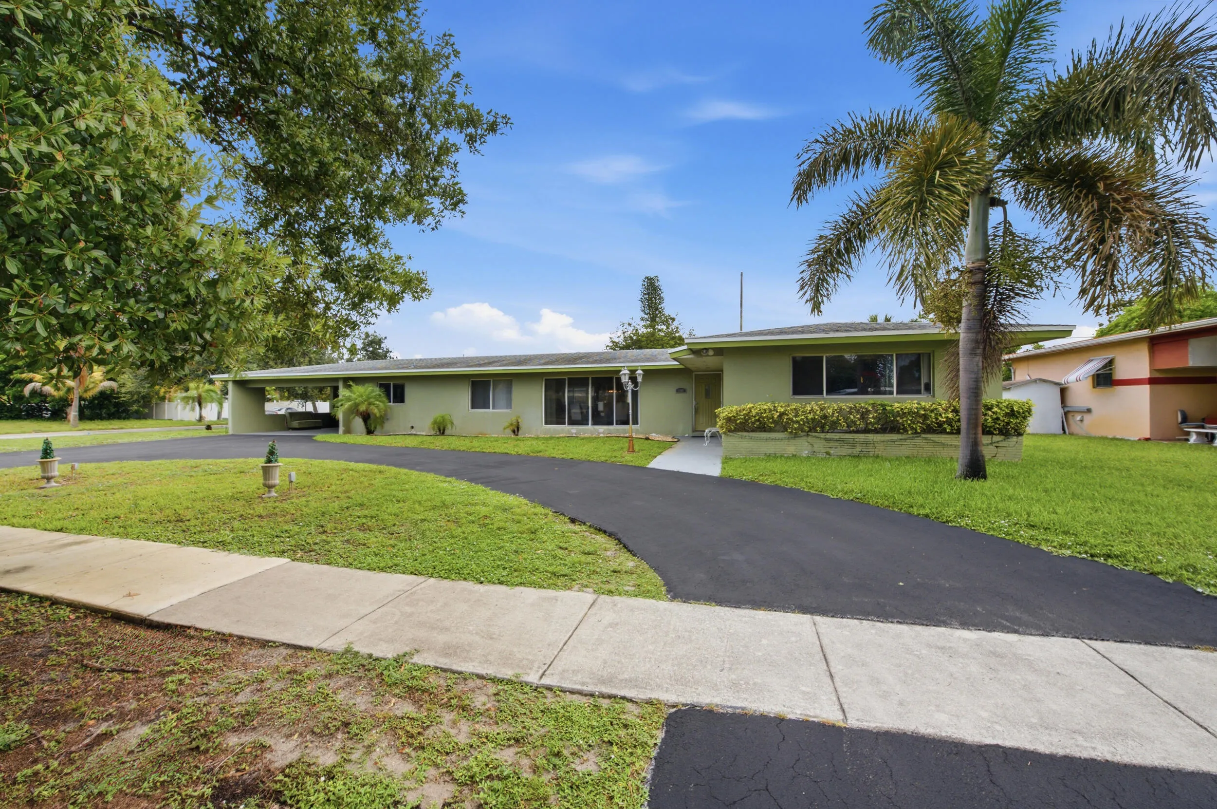 Ranch-style exterior with a pale green facade, a covered carport, and a prominent palm tree