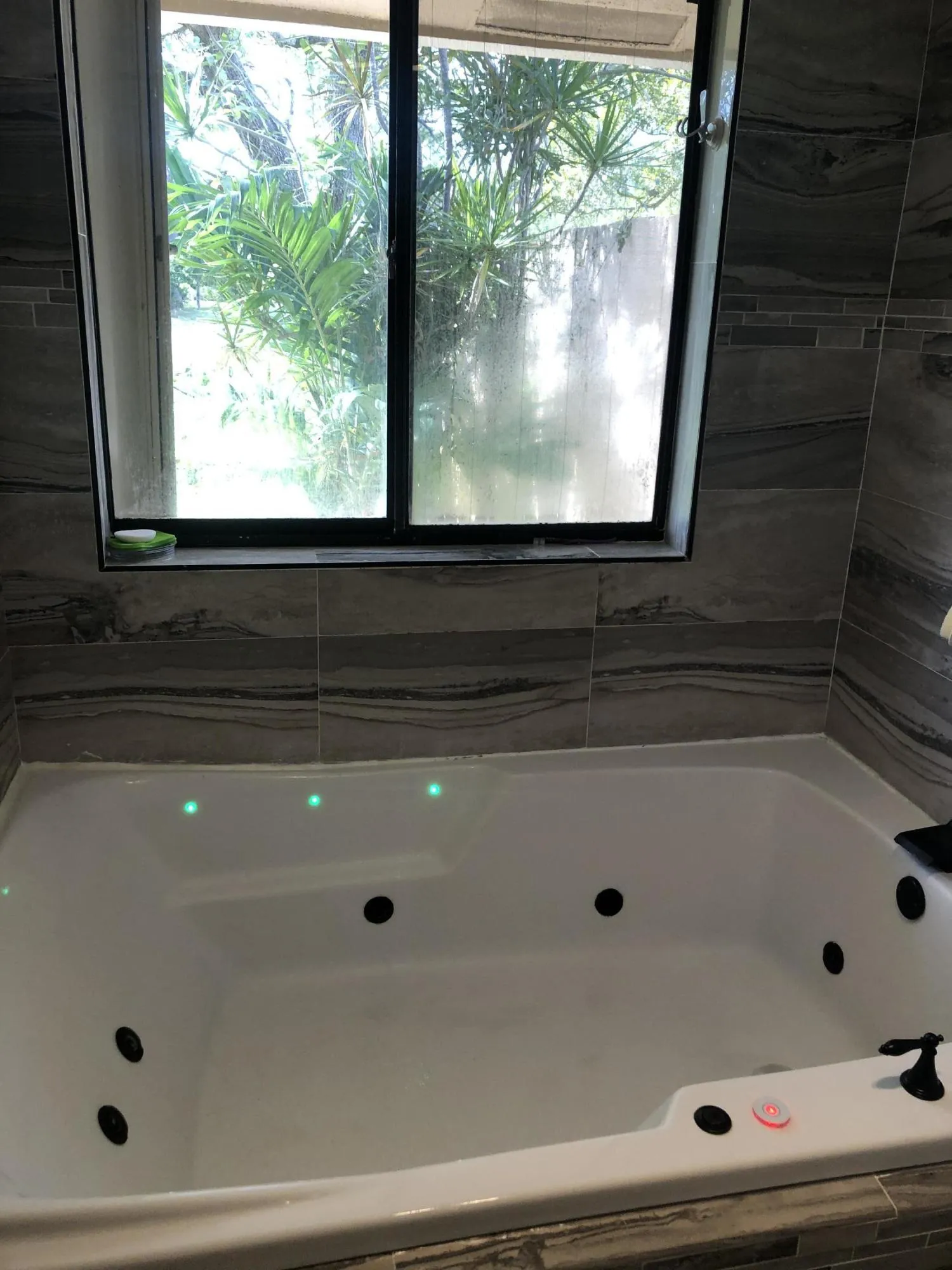 The jetted tub and huge shower has red, blue and green mood lighting for bathing.