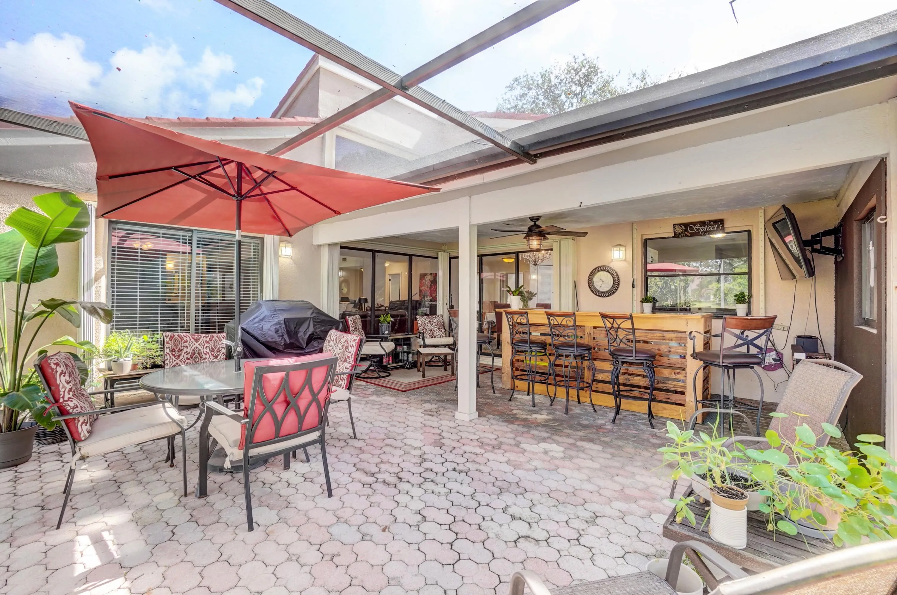 The outside TV can stay. And the bar stays.