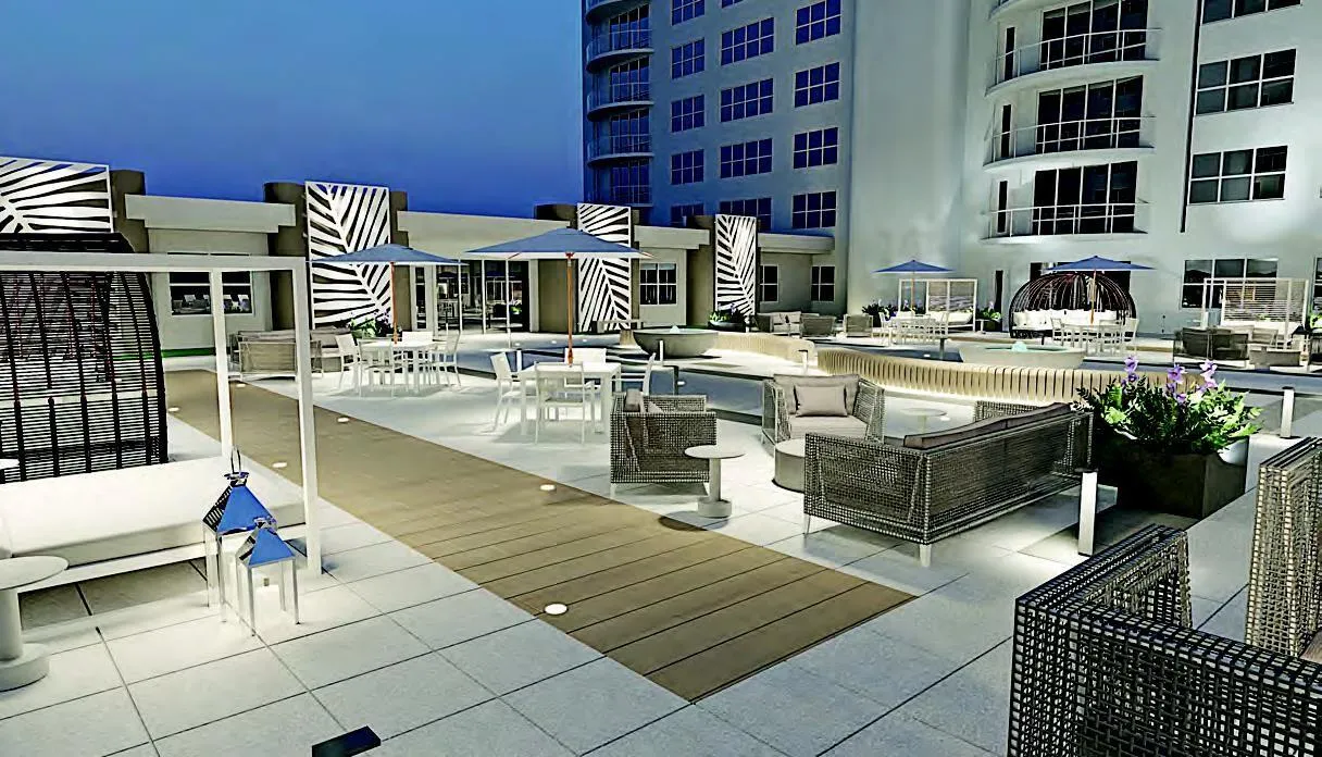 Pool deck area rendering; in progress.