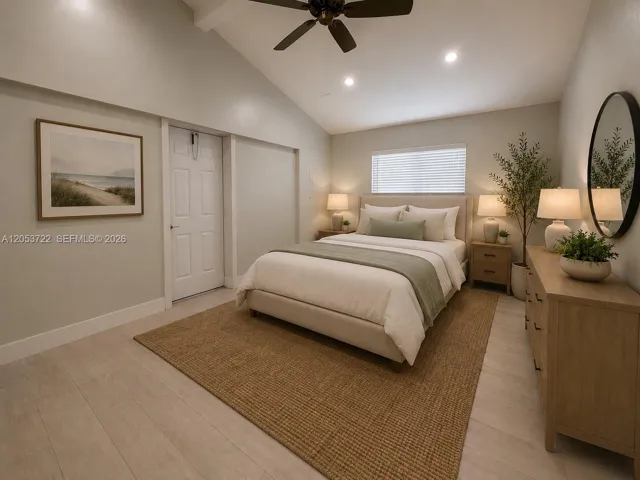 Virtually staged bedroom with private side entrance