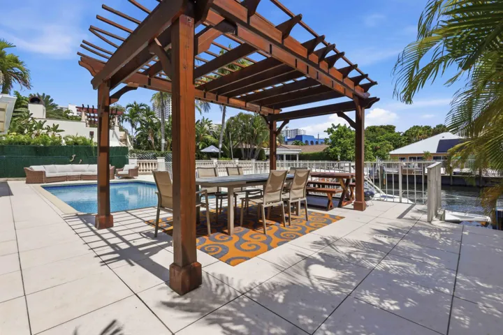 Expansive patio featuring a wooden pergola, an in-ground swimming pool, and water frontage with a dock