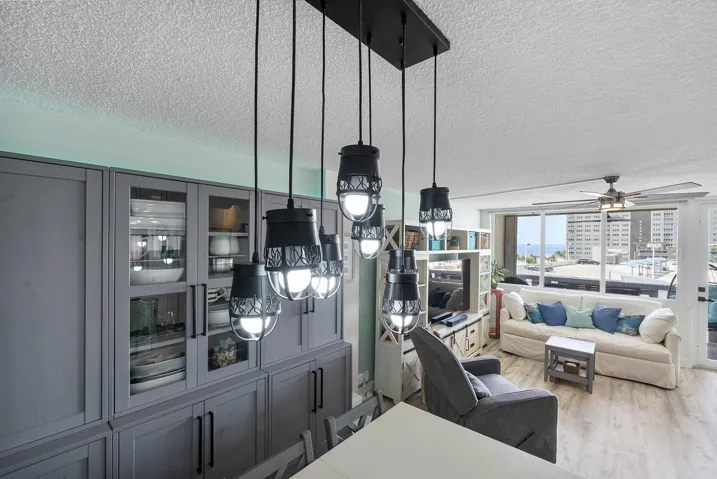 Custom designed chandelier (the only one int he world) & hung in this totally renovated condo on the ocean in Up & coming Pompano Beach.