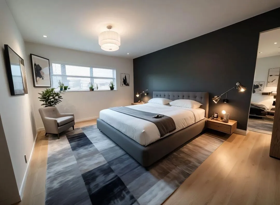 Virtually Staged Bright bedroom featuring light-toned tile flooring and a window with sheer white curtains