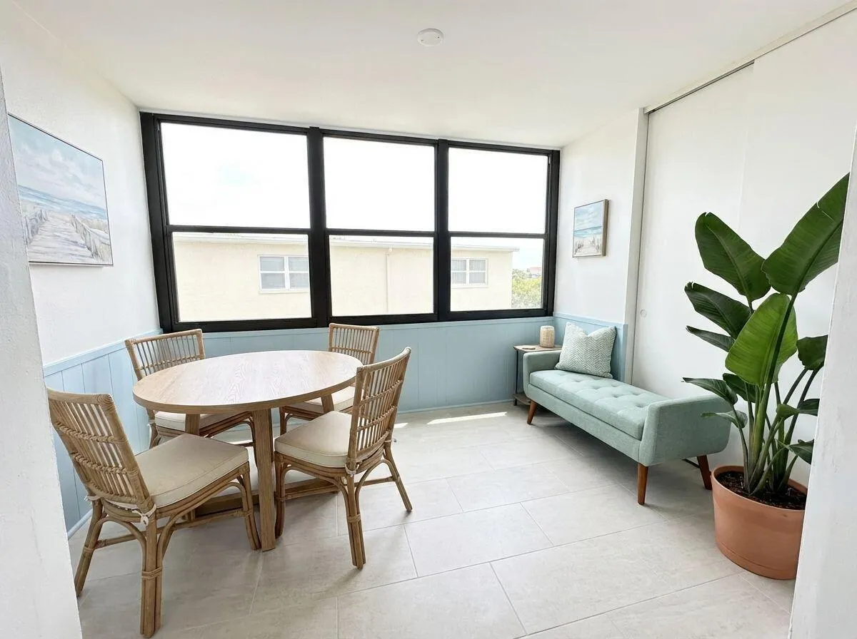 Virtually Staged Florida room featuring large black-framed windows, light-colored tile flooring, and a pale blue wainscoting accent wall