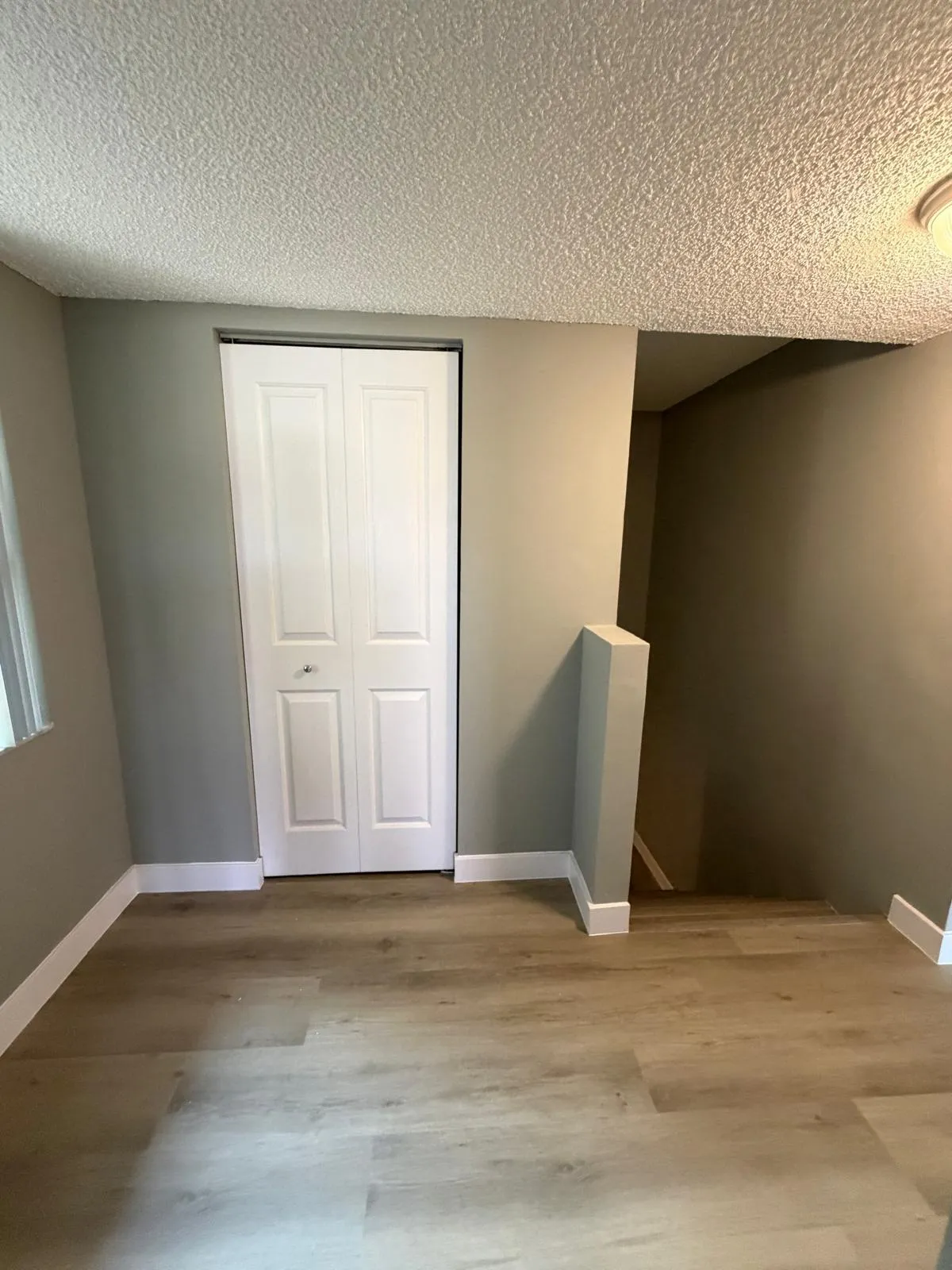 Light wood-finish flooring with white baseboards throughout