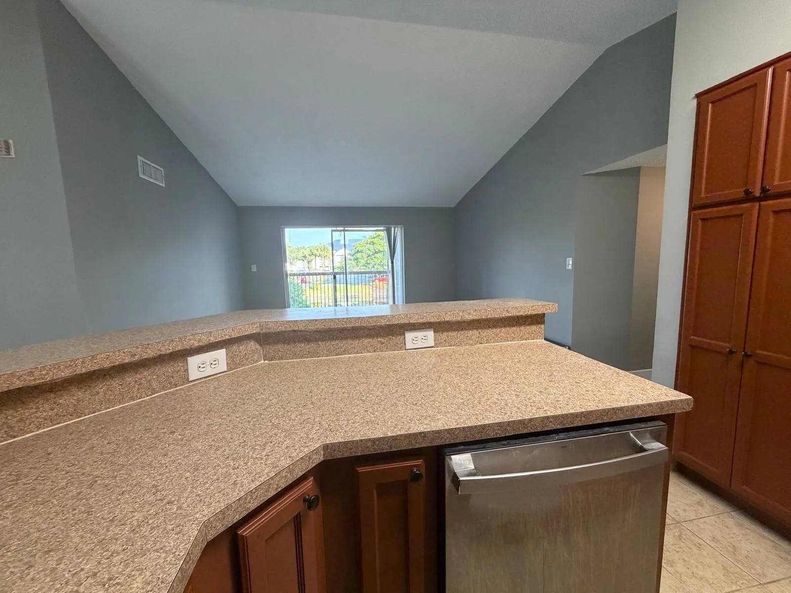 Kitchen countertop featuring a built-in stainless steel dishwasher, ample counter space, and integrated outlets