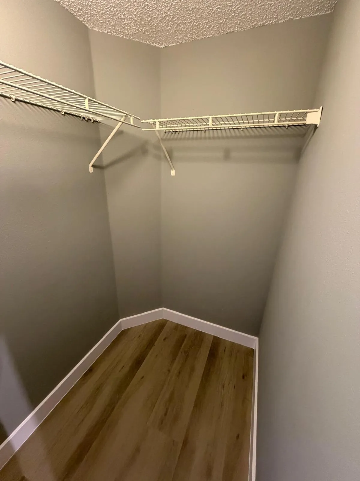 Interior storage space featuring wood-finish flooring, light grey painted walls, white baseboards, and wire shelving
