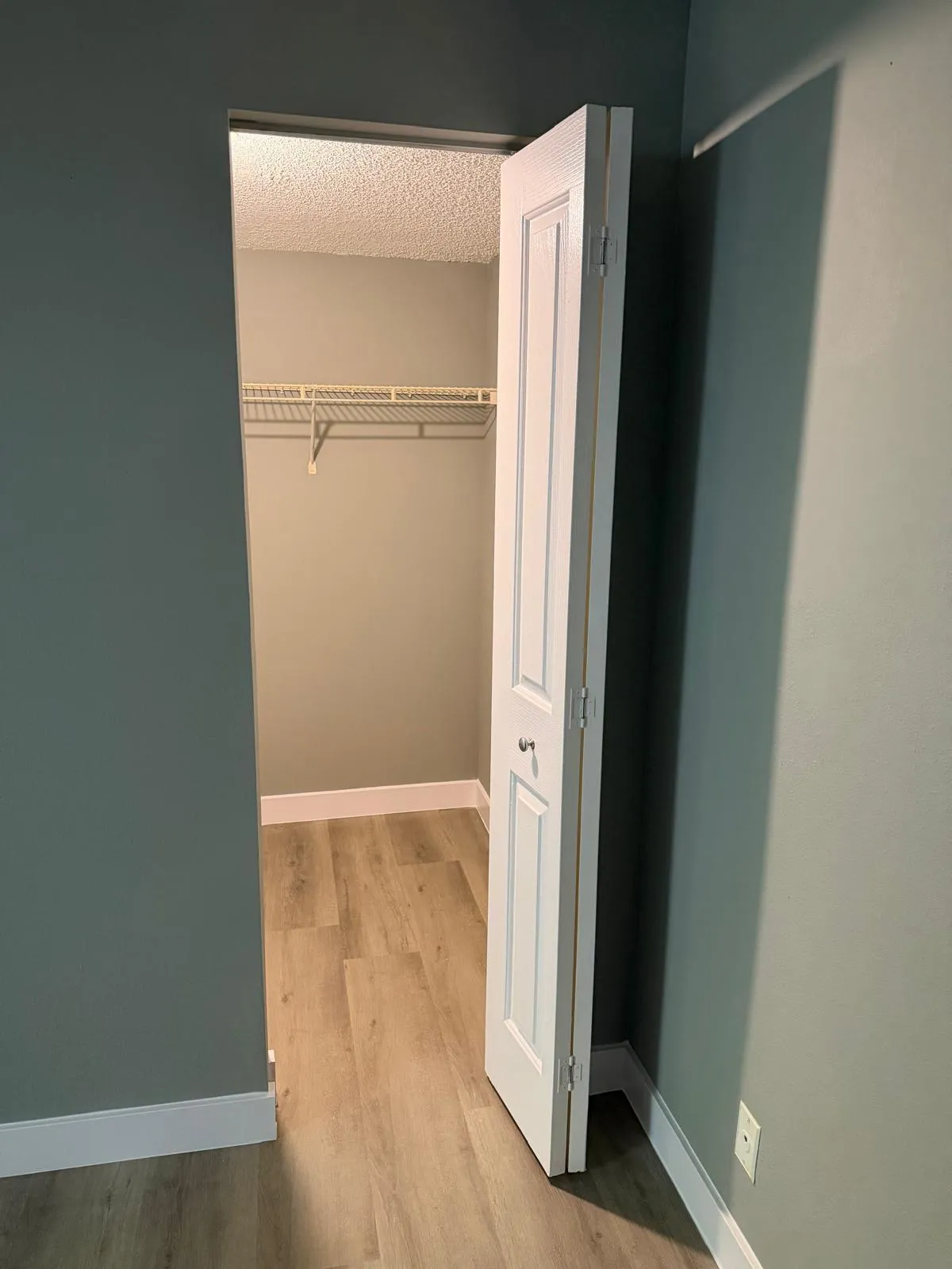Walk-in closet featuring wire shelving, wood-finish flooring, white bi-fold door, light gray wall paint, and white baseboards