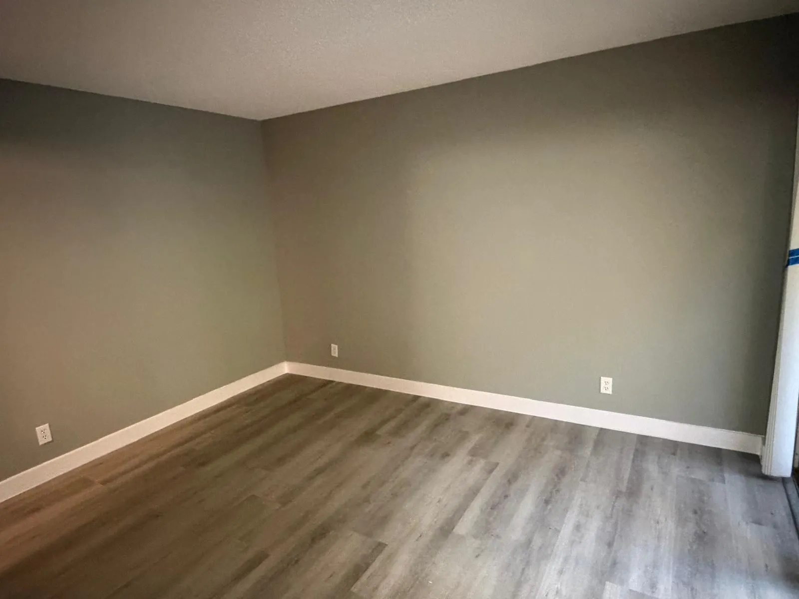 Spacious room featuring wood-finish flooring, light tan walls, and white baseboards