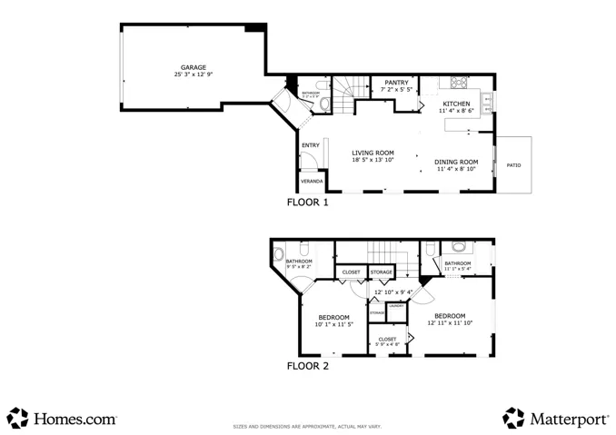 Two story floor plan with an attached one car garage, an open concept on the first floor, guest bathroom and two ensuite bedrooms and laundry closet upstairs.