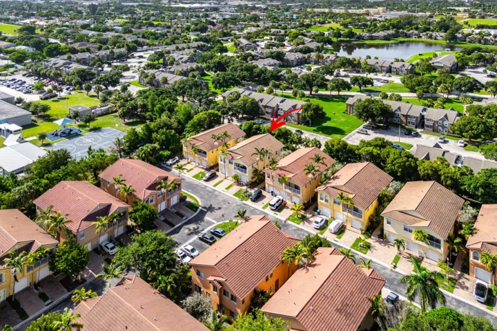Aerial overview of a residential community with mature landscaping
